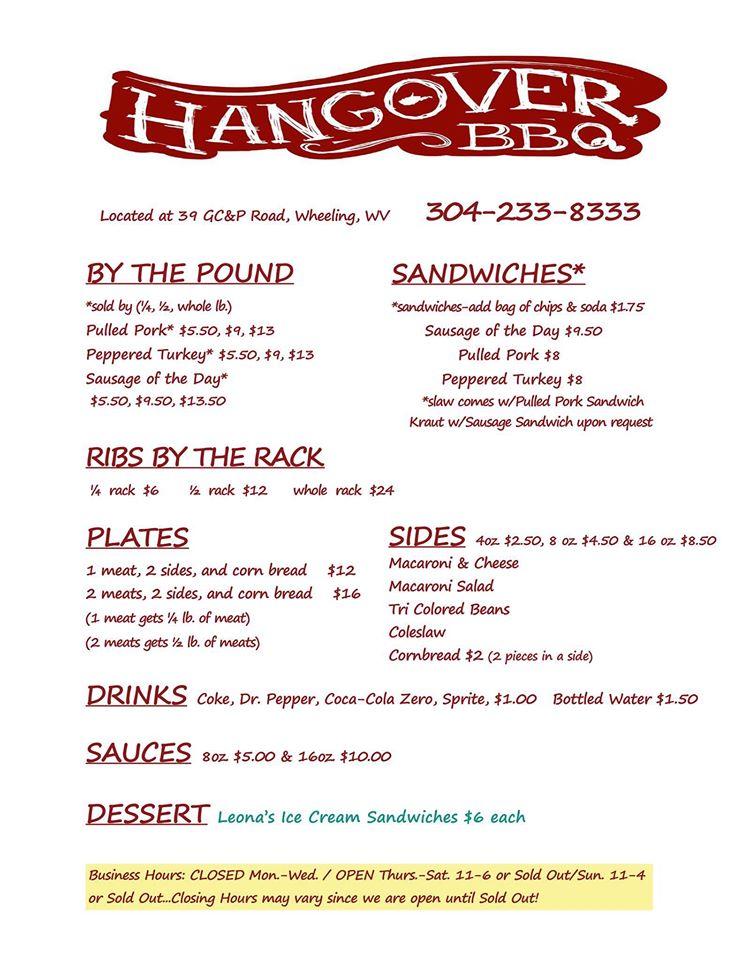 Menu at HANGOVER BBQ, Wheeling