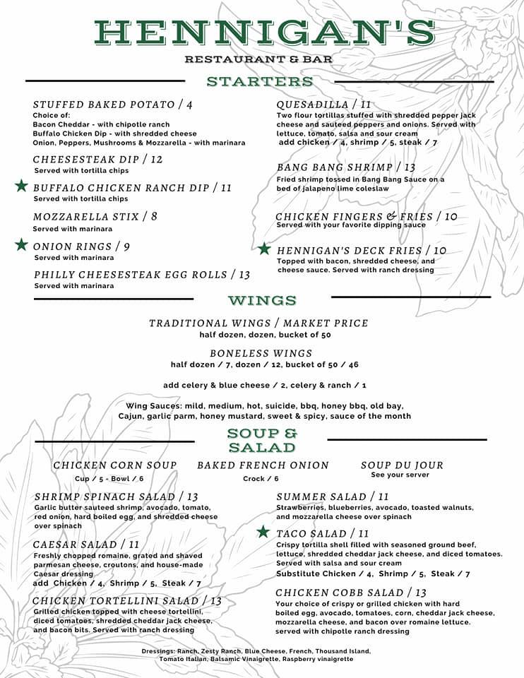 Menu at Hennigan's Restaurant And Bar, Mount Joy