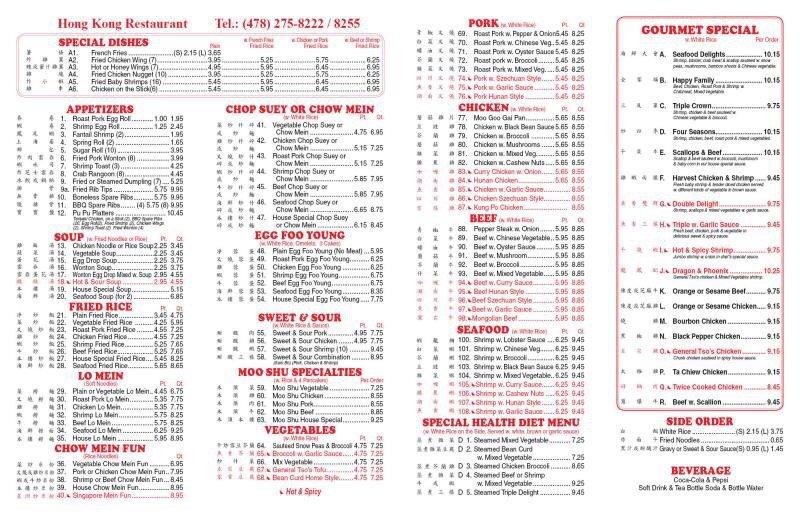 Carta de Hong Kong Restaurant, Dublin