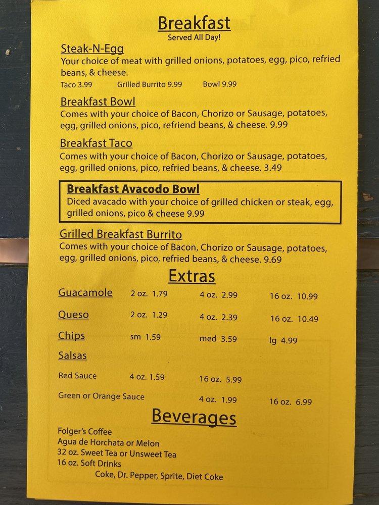 Menu at Tacos By The Trax restaurant, Trinity