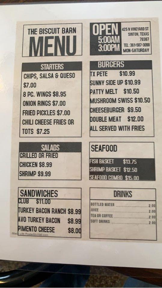 Menu at The Biscuit Barn, Sinton