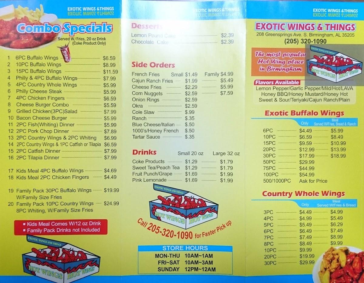 Menu at Exotic Wings & Things fast food, Birmingham, 208 Green Springs ...