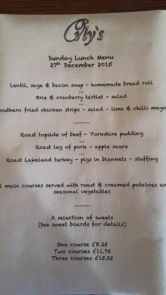 Menu at Oilys restaurant, Workington