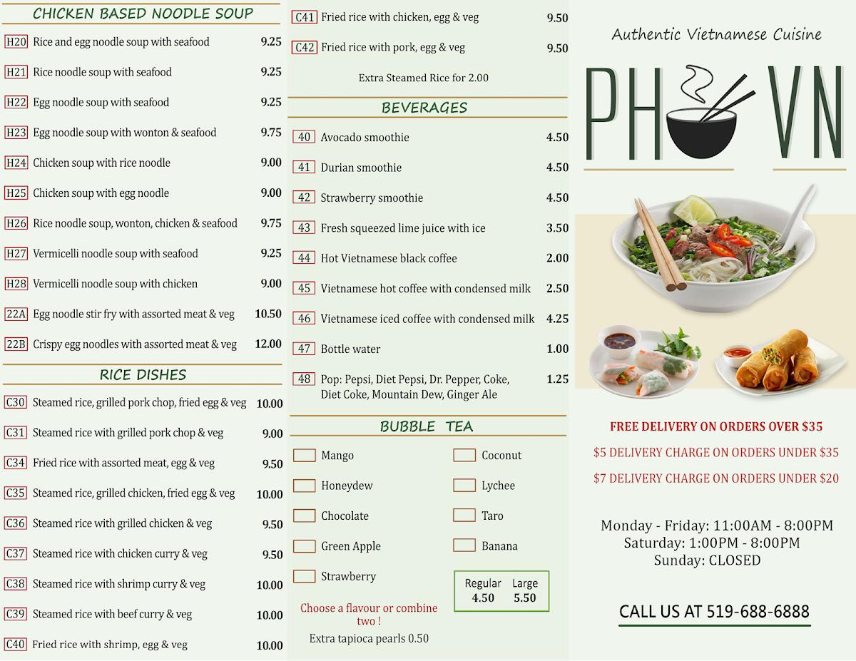 Menu At Pho Vn Restaurant Tillsonburg