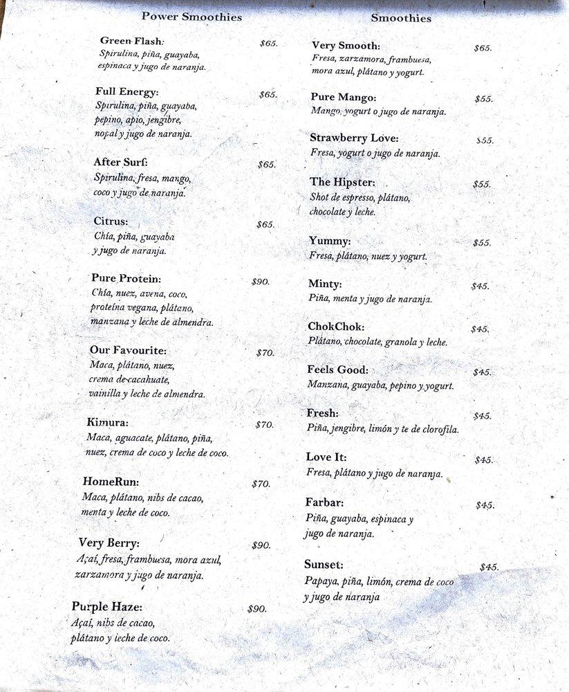 Menu at Spirulina restaurant, Puerto Escondido