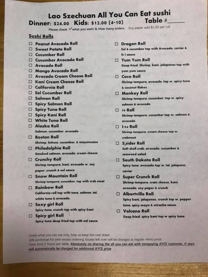 Menu at Lao Szechuan Hot Pot Buffet, all you can eat sushi restaurant