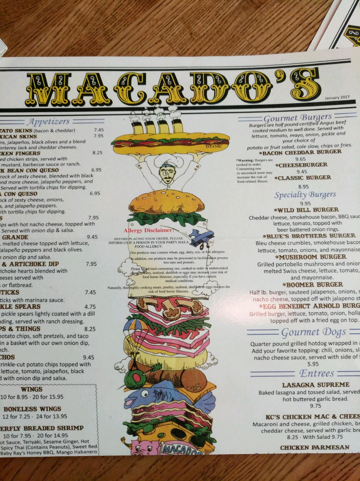 Menu at Macado's pub & bar, Roanoke, Electric Rd