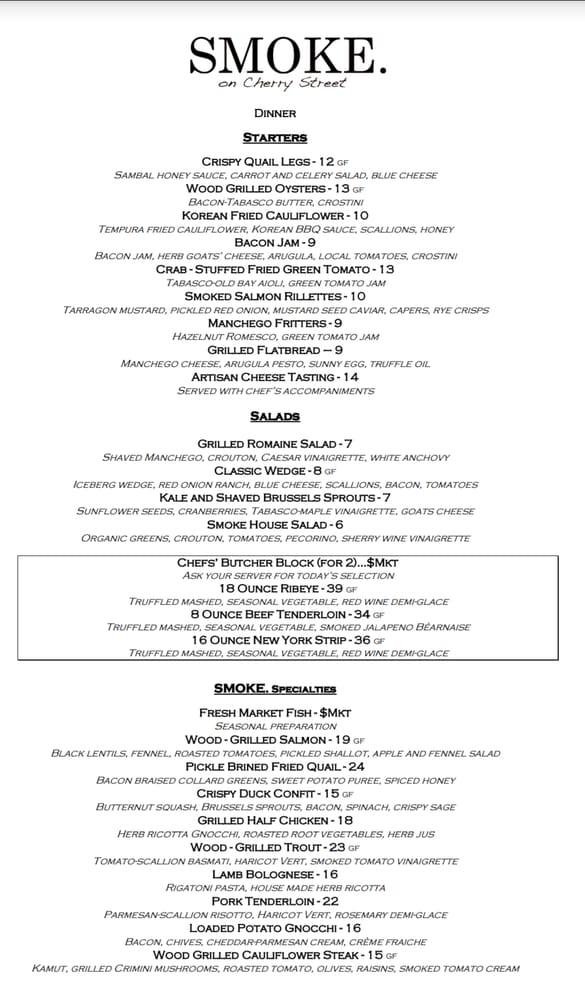 Menu at SMOKE. Woodfire Grill pub & bar, Tulsa