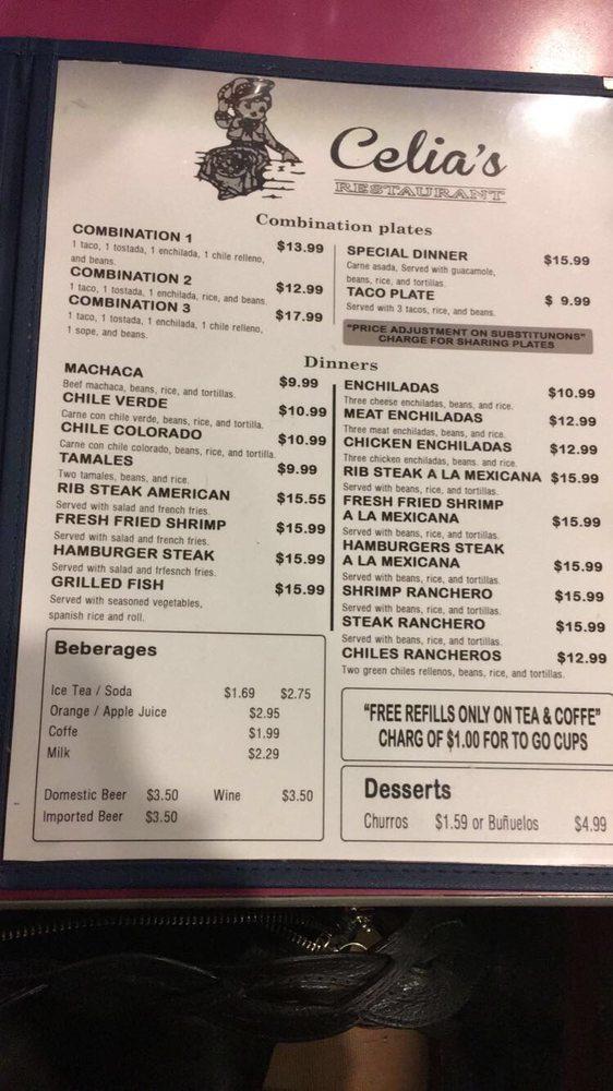 Menu at Celia's Restaurant, El Centro