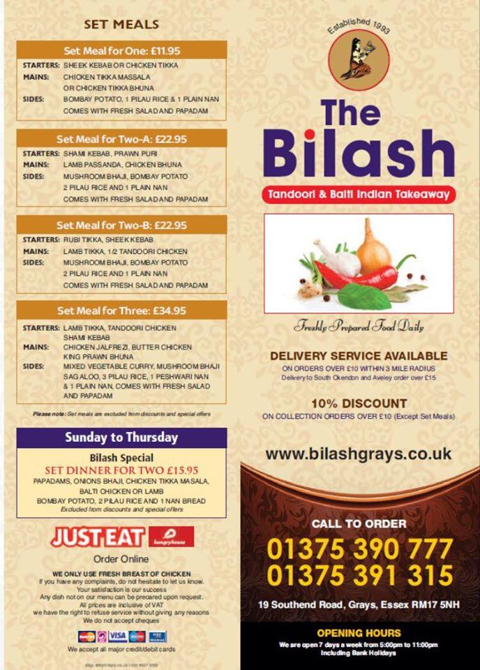 Menu at The Bilash fast food, Grays, 19 Southend Rd