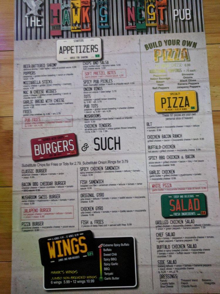 Menu at The Hawks Nest Pub, Pizza, Burgers And Wings, Alexandria