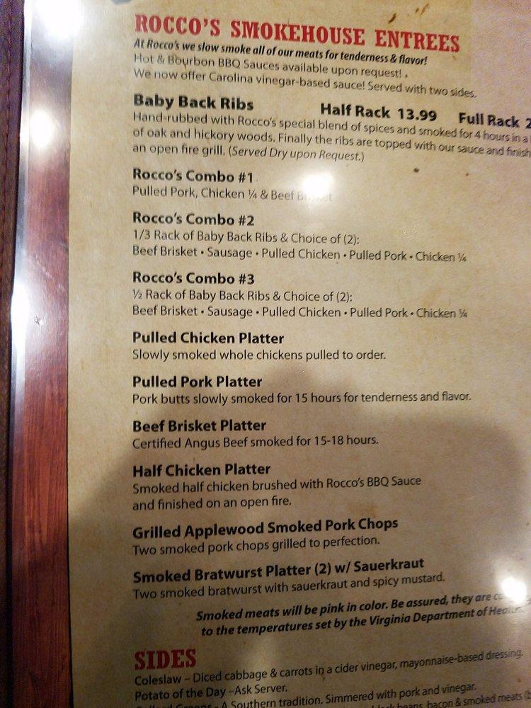 Menu at Rocco's Smokehouse Grill BBQ, Williamsburg, 207 Bypass Rd