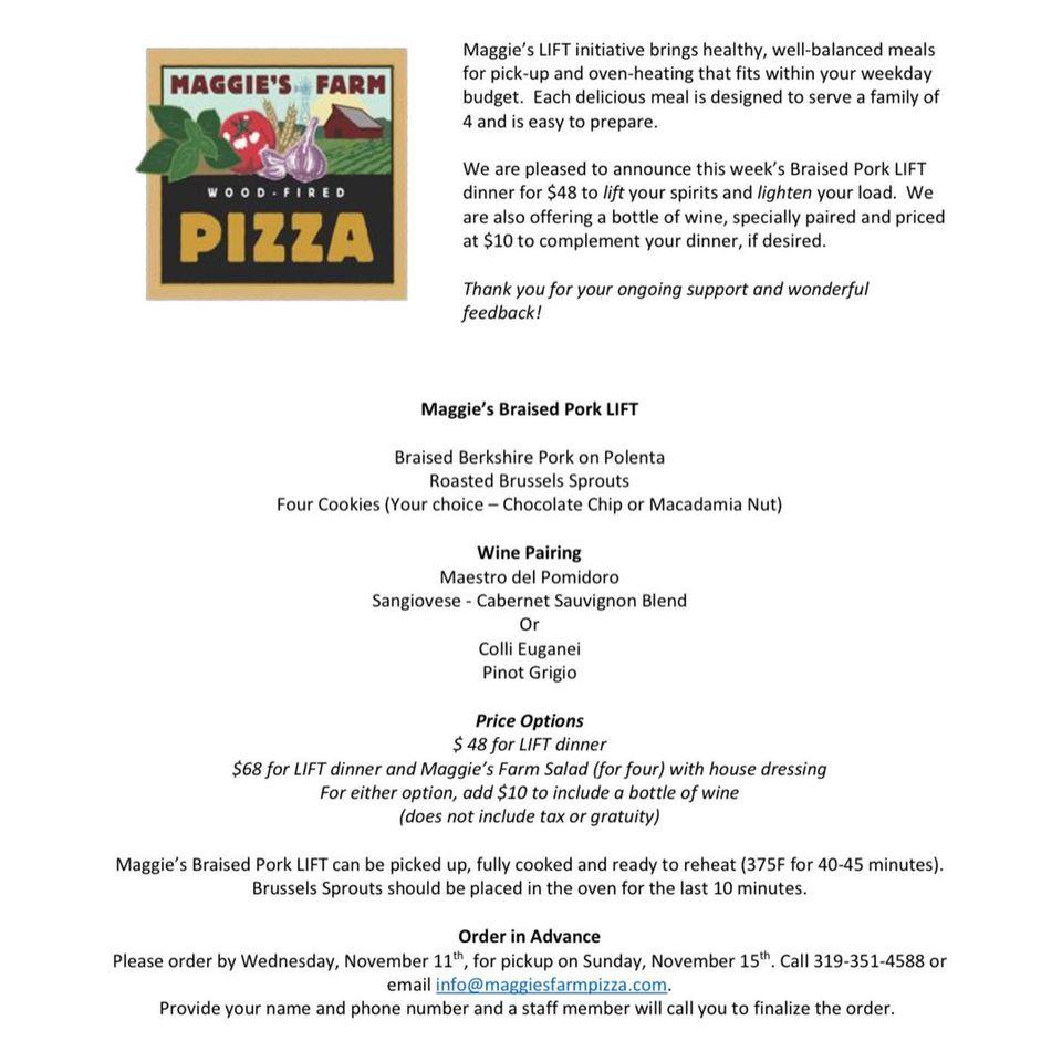 Menu at Maggie's Farm Woodfired Pizza pizzeria, Iowa City