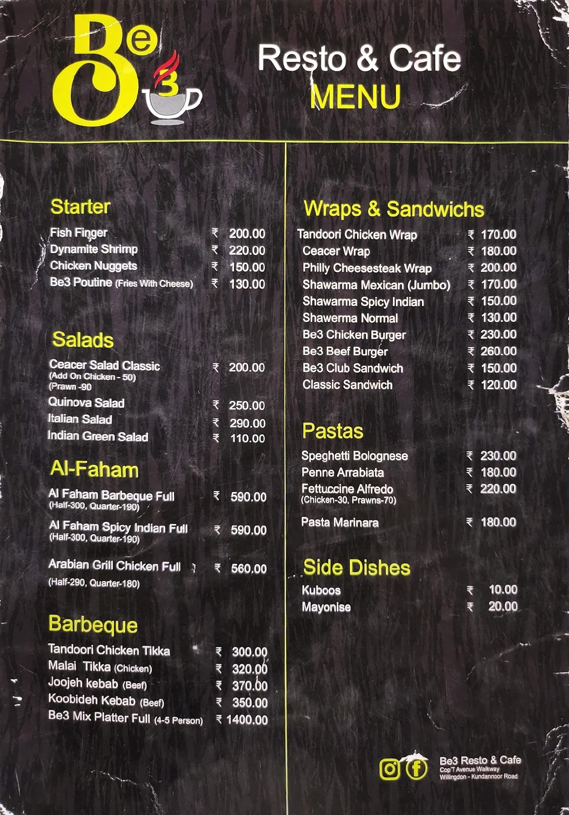 Menu at Be3 Resto & Cafe, Kochi
