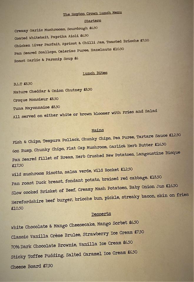 Menu at The Hopton Crown pub & bar, Hopton Wafers