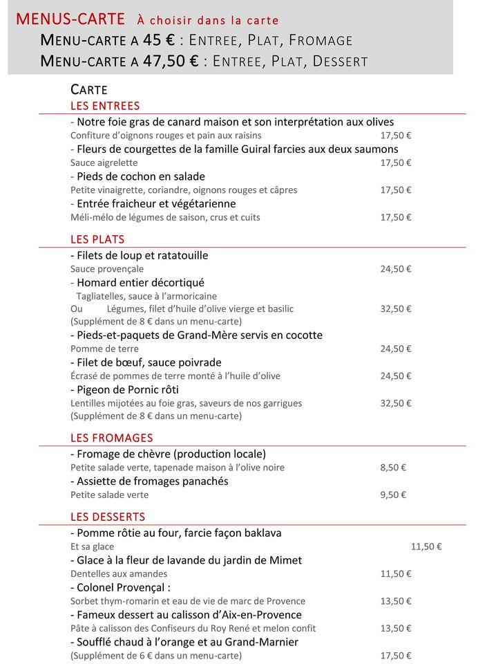 Menu at Auberge Provençale restaurant Meyreuil lieu dit Canet