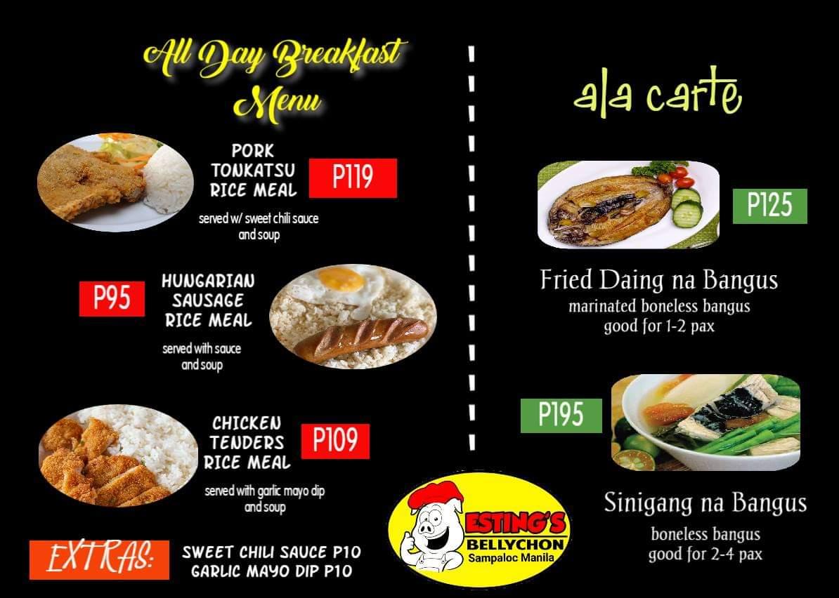 Menu at Esting's Bellychon Sampaloc Manila restaurant, Manila