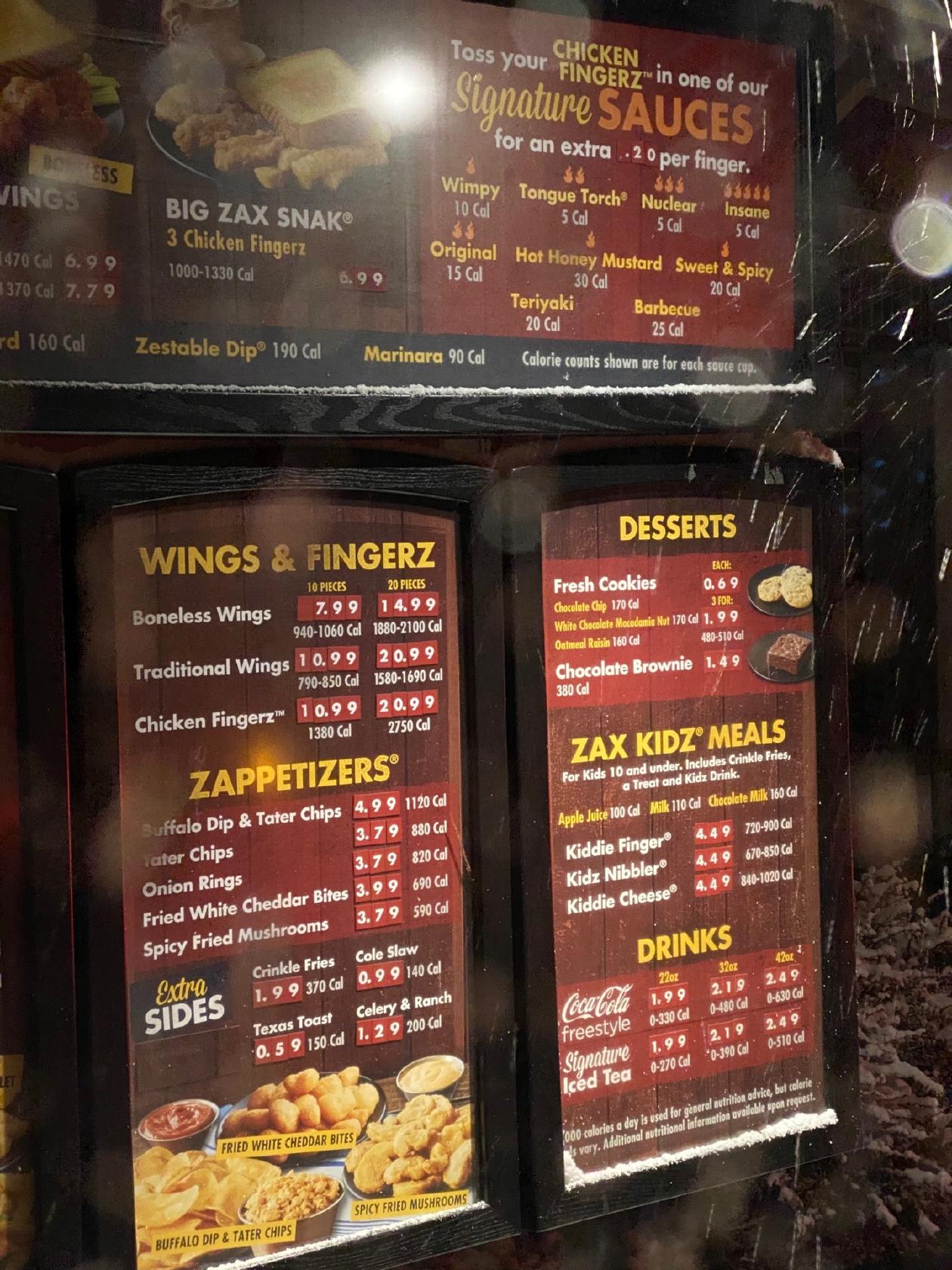 Menu at Zaxbys Chicken Fingers & Buffalo Wings fast food, Clinton