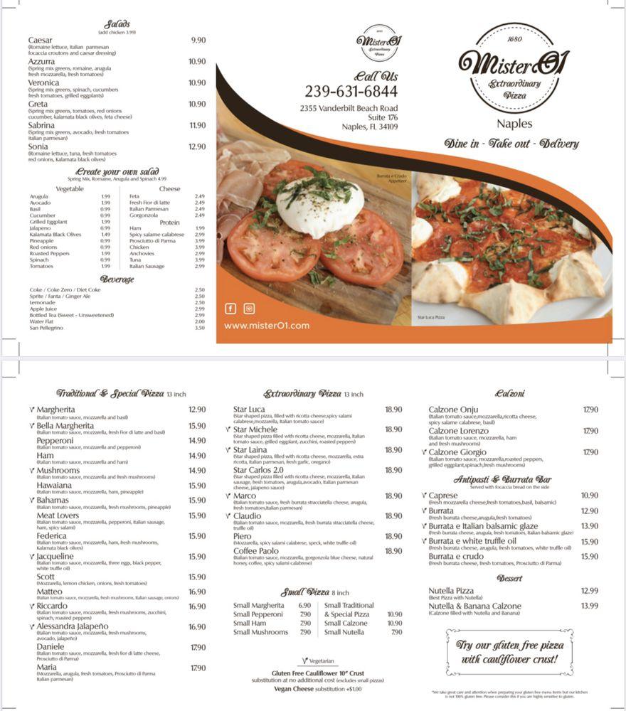 Menu at Mister O1 Extraordinary Pizza Naples pizzeria, Naples