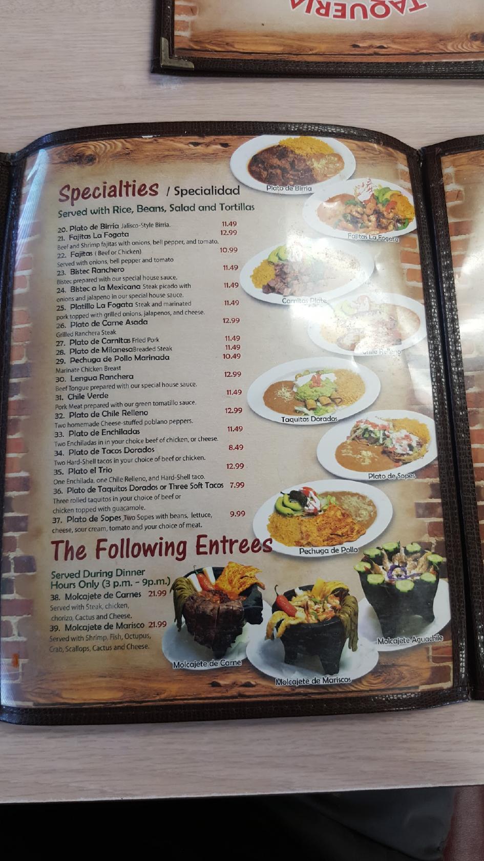 Menu at Taqueria La Fogata restaurant, West Covina