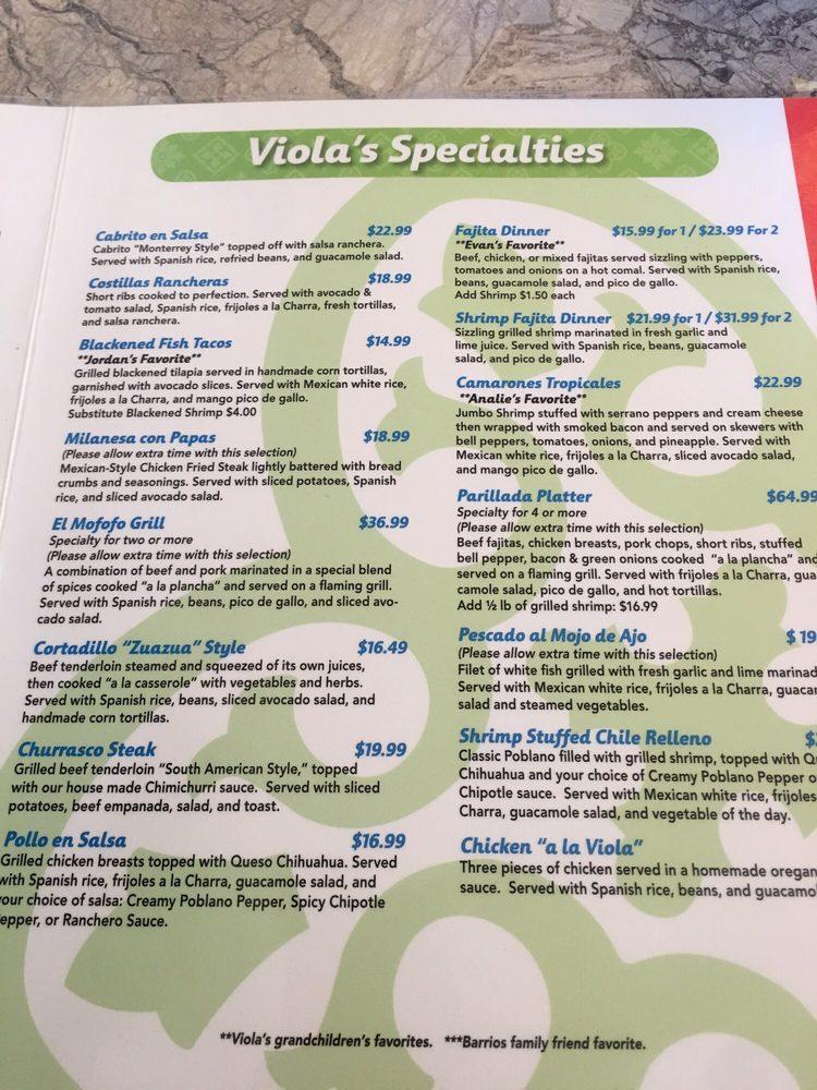 Menu at Viola's Ventanas restaurant, San Antonio, Westover Hills Blvd