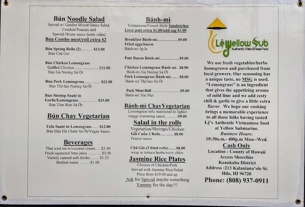Menu at Le Yellow Sub restaurant, Hilo, 213 Kalanianaole St