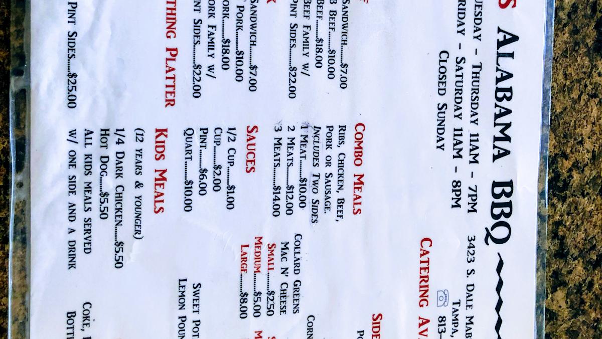Menu at BJ’s Alabama BBQ!, Tampa