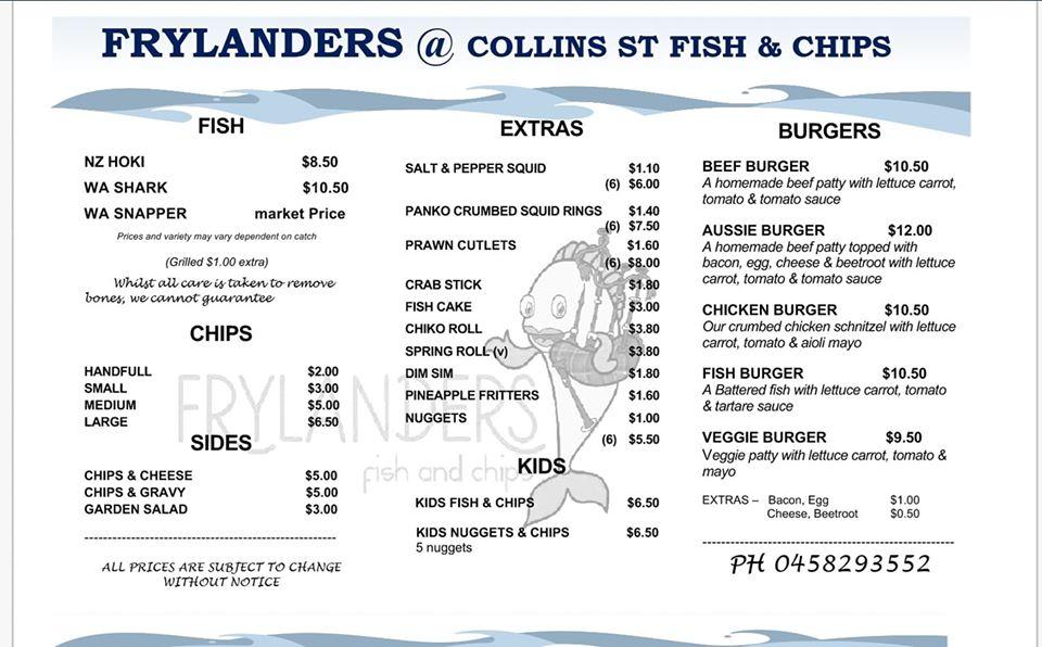 Menu at Collins St Fish & Chips restaurant, Donnybrook