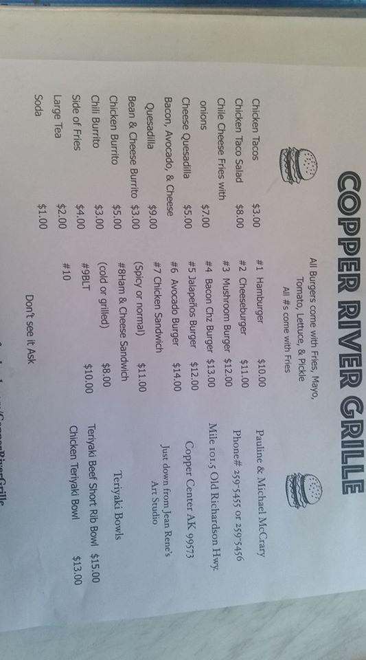 Menu at Copper River Grille, Tonsina, P.O. Box 7