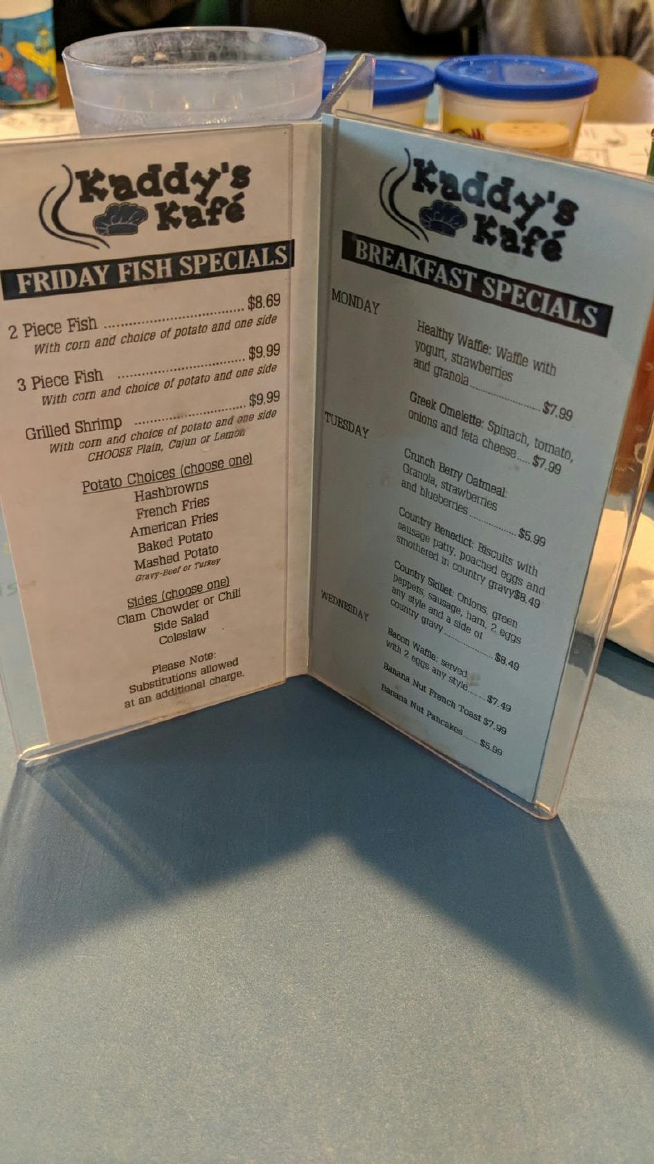 Menu at Kaddy's Kafe cafe, La Crescent