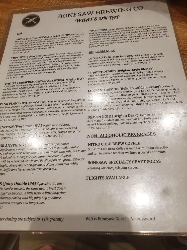 Menu at Bonesaw Brewing restaurant, Glassboro