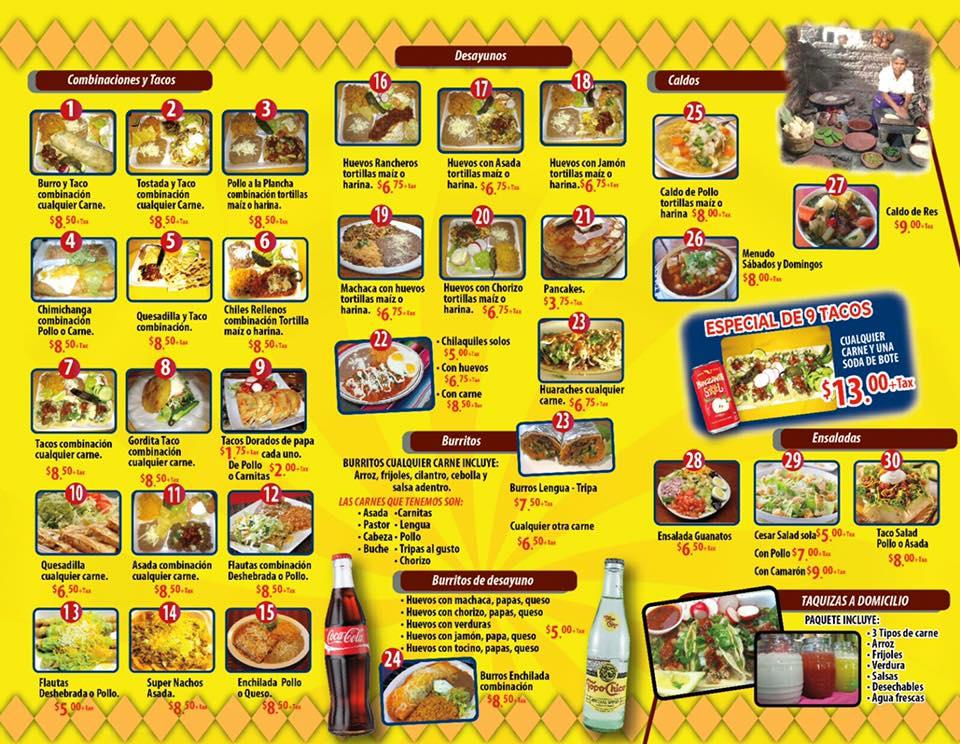 Menu at Taqueria de Jalisco restaurant, Phoenix