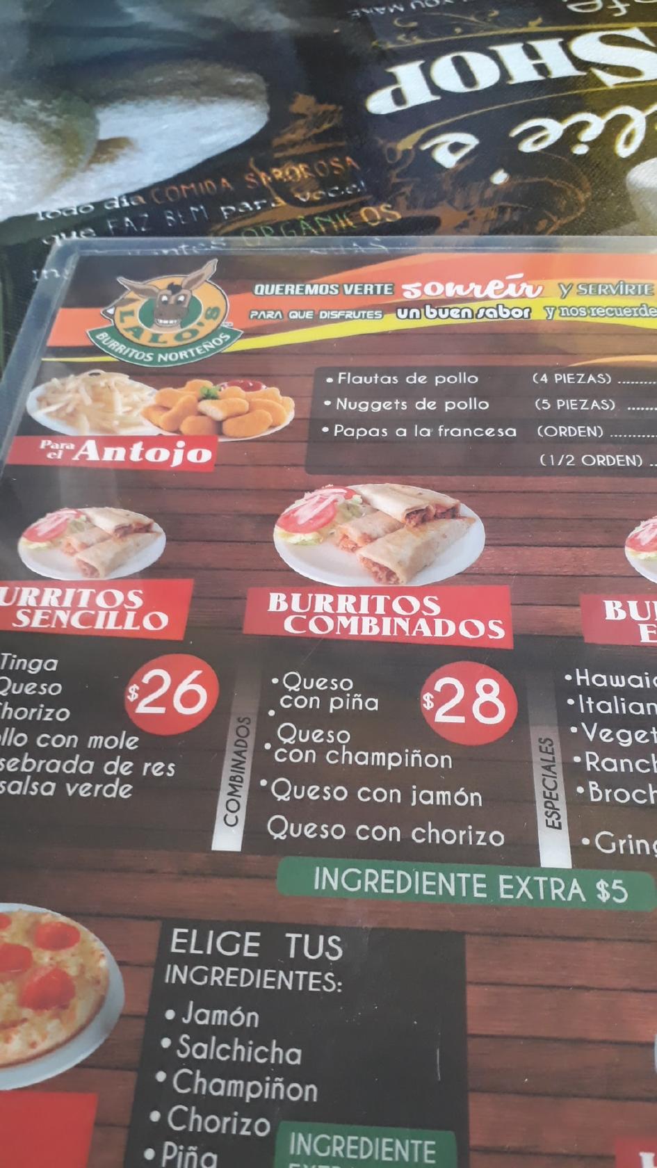 Carta del restaurante Burritos norteños Lalos, Zamora