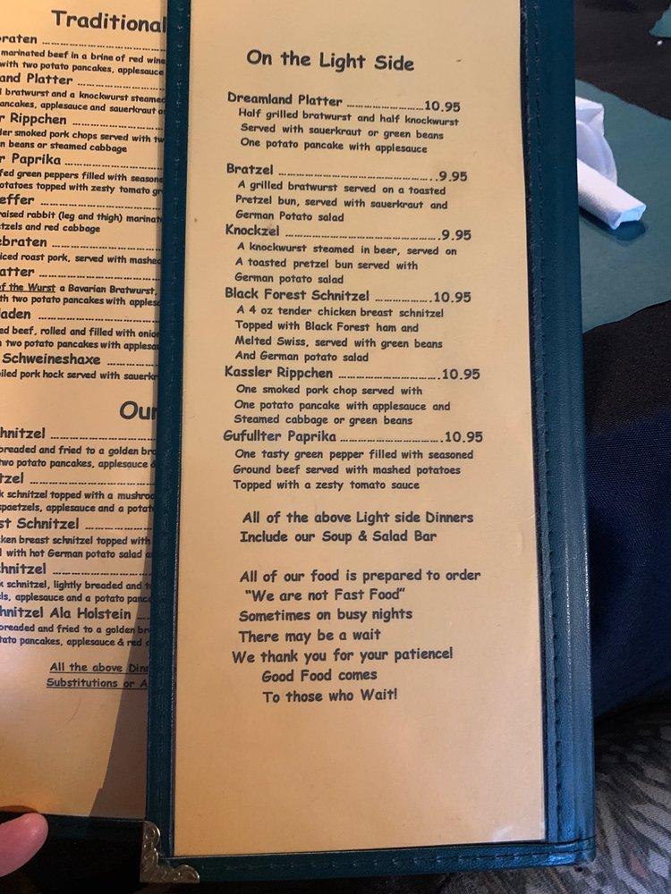 Menu at Dreamland Palace German Restaurant, Foster Pond