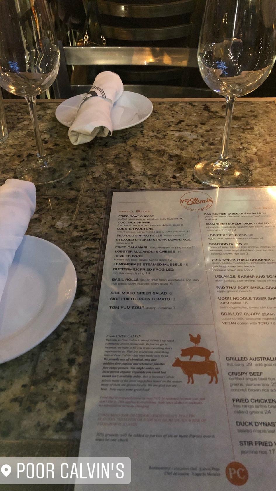 Menu at Poor Calvin's restaurant, Atlanta