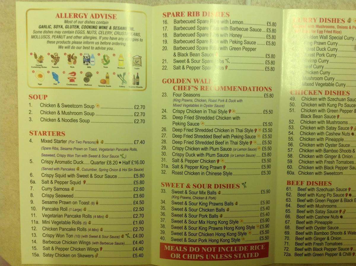 Menu at The Golden Wall fast food, Dursley