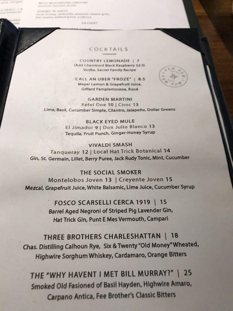 Menu at Pawpaw pub & bar, Charleston, 209 E Bay St