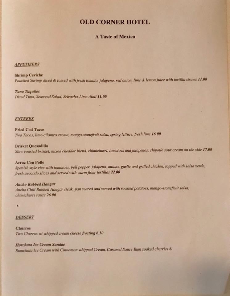 Menu at Old Corner Hotel restaurant, Williamsport
