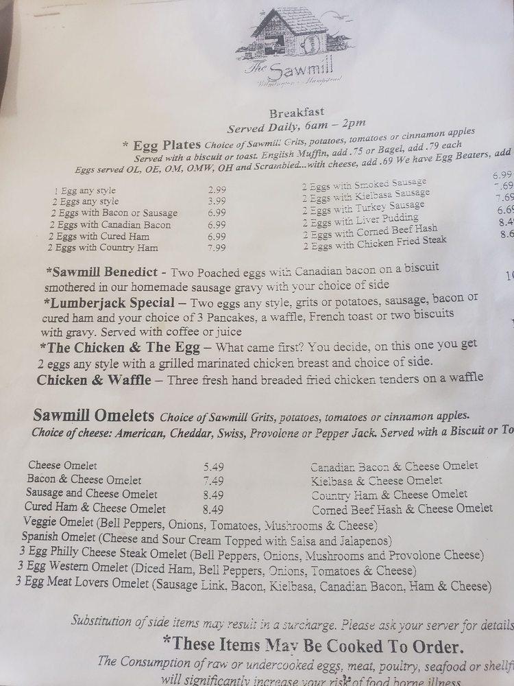 Menu at Sawmill Grill restaurant, Hampstead, Hwy 17