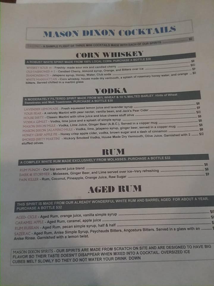 Gluten-Free Menu - Photo from Mason Dixon Distillery