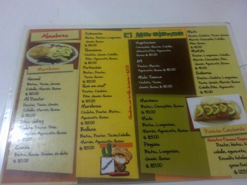Menu at El Morelense restaurant, Monterrey, Río Pánuco 2620