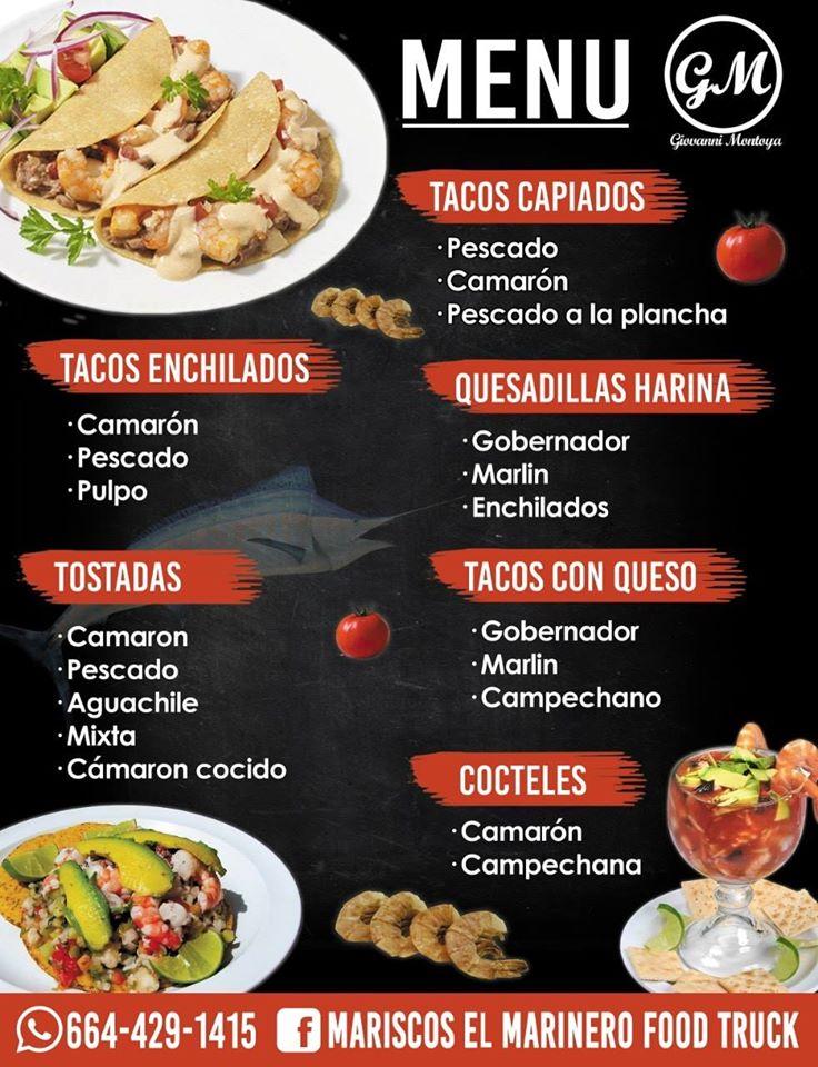 Menu at Mariscos el marinero food truck restaurant, Tijuana