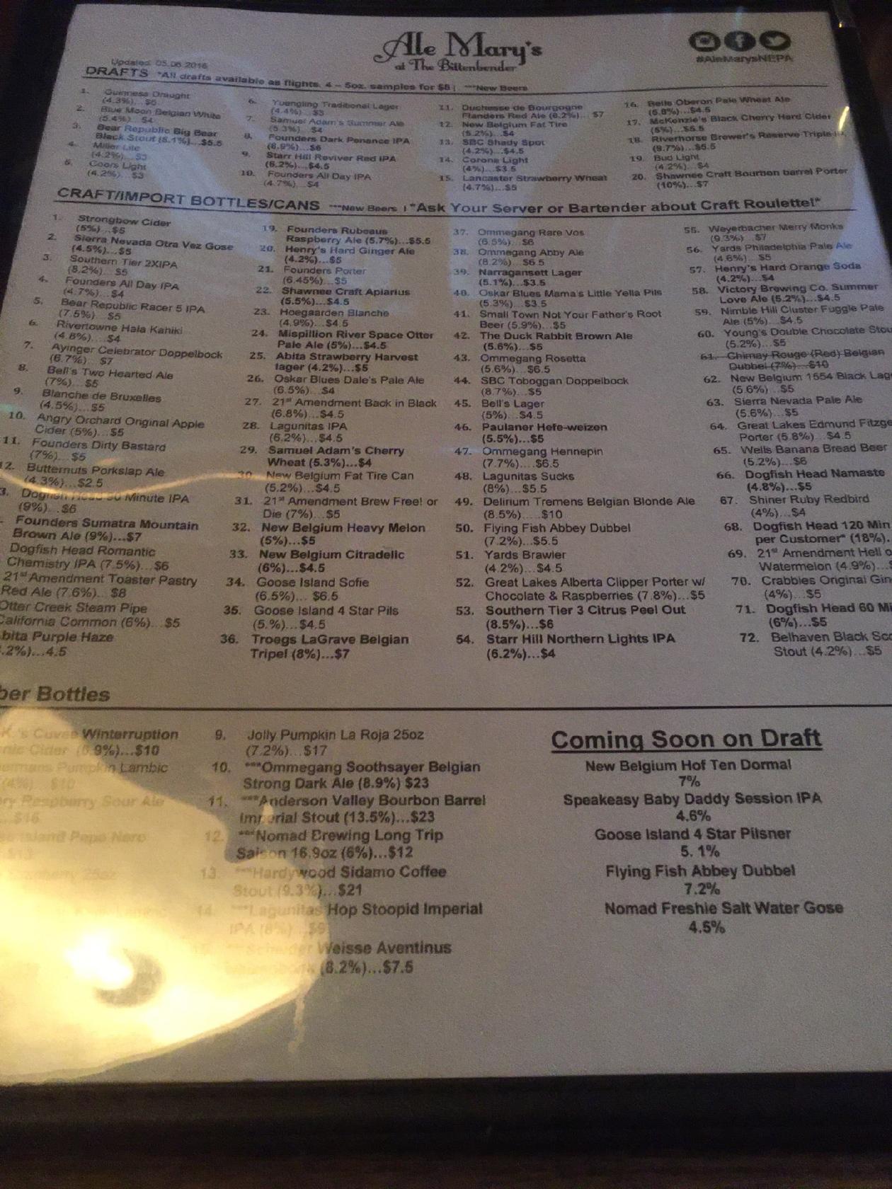Menu at Ale Mary's at the Bittenbender pub & bar, Scranton