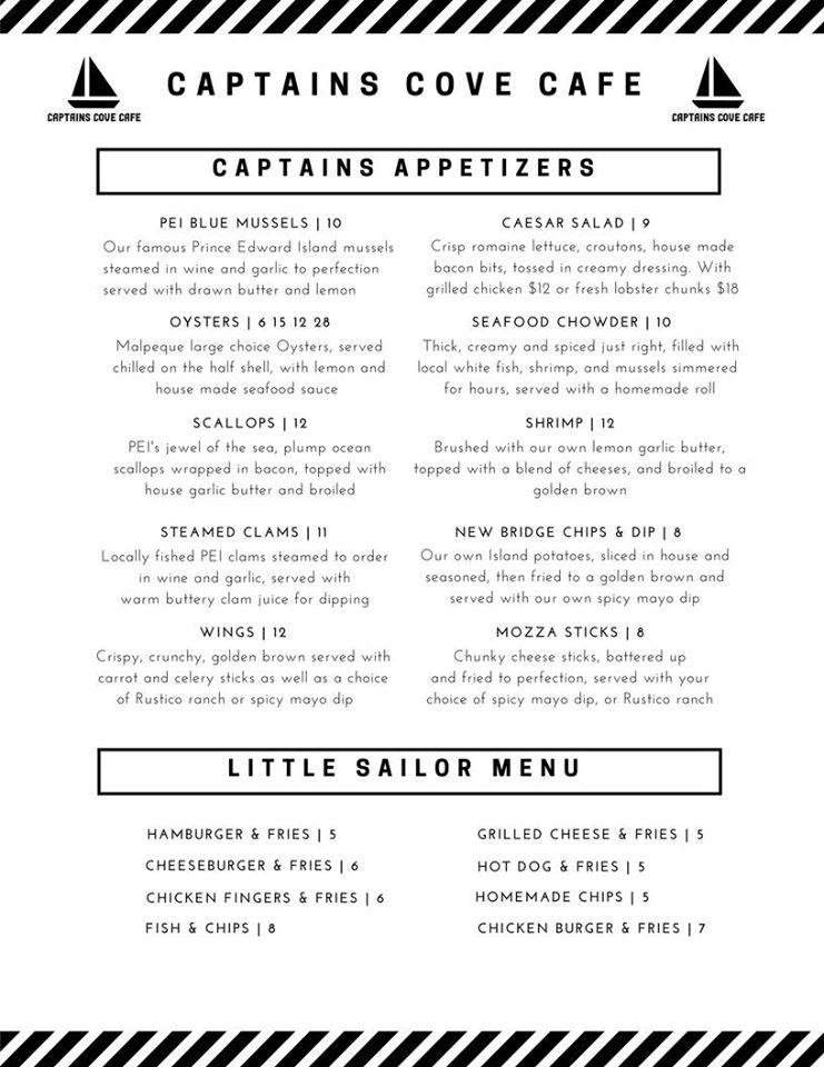 Menu at Captains Cove Cafe, North Rustico