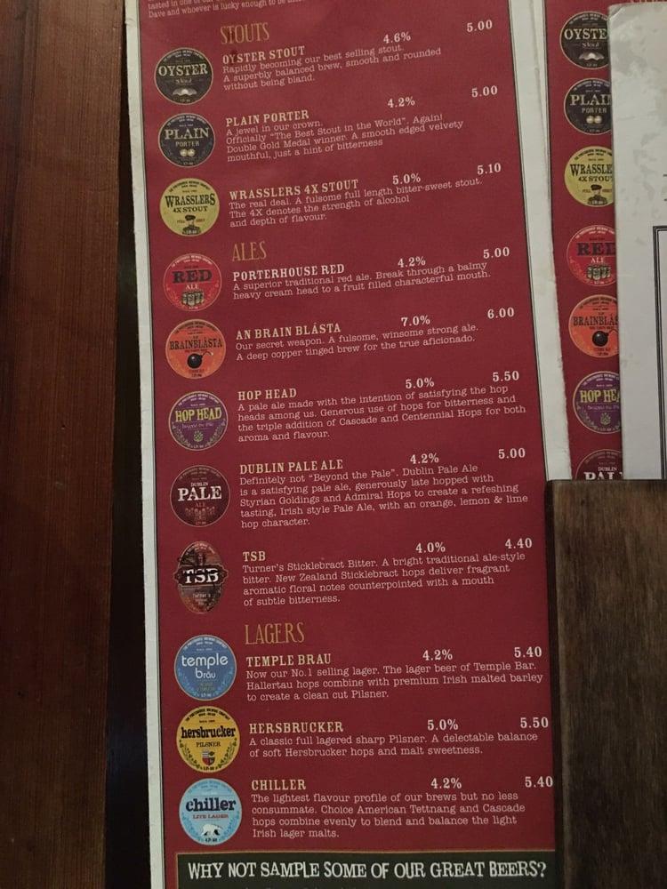 Menu at Porterhouse Temple Bar, Dublin, 1618 Parliament St
