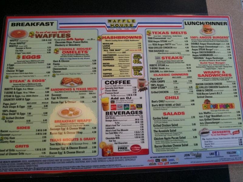 Menu at Waffle House restaurant, Shelbyville