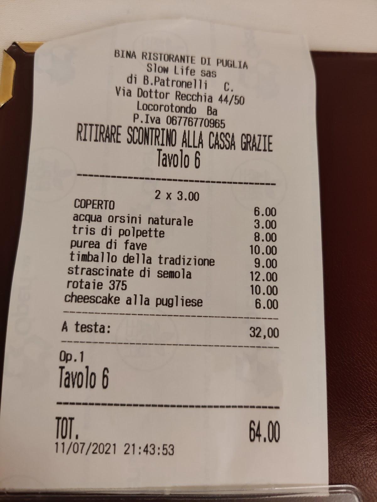 Menu Da BINA RISTORANTE DI PUGLIA Locorotondo