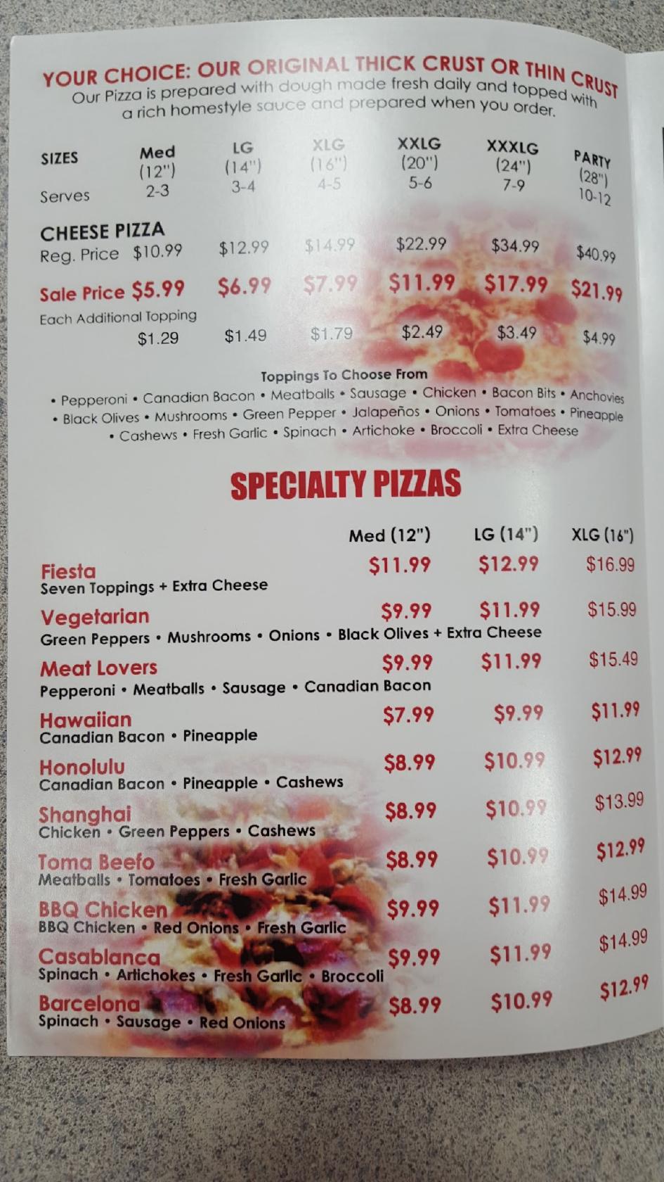 Menu at Antonio Pizza pizzeria, Riverside