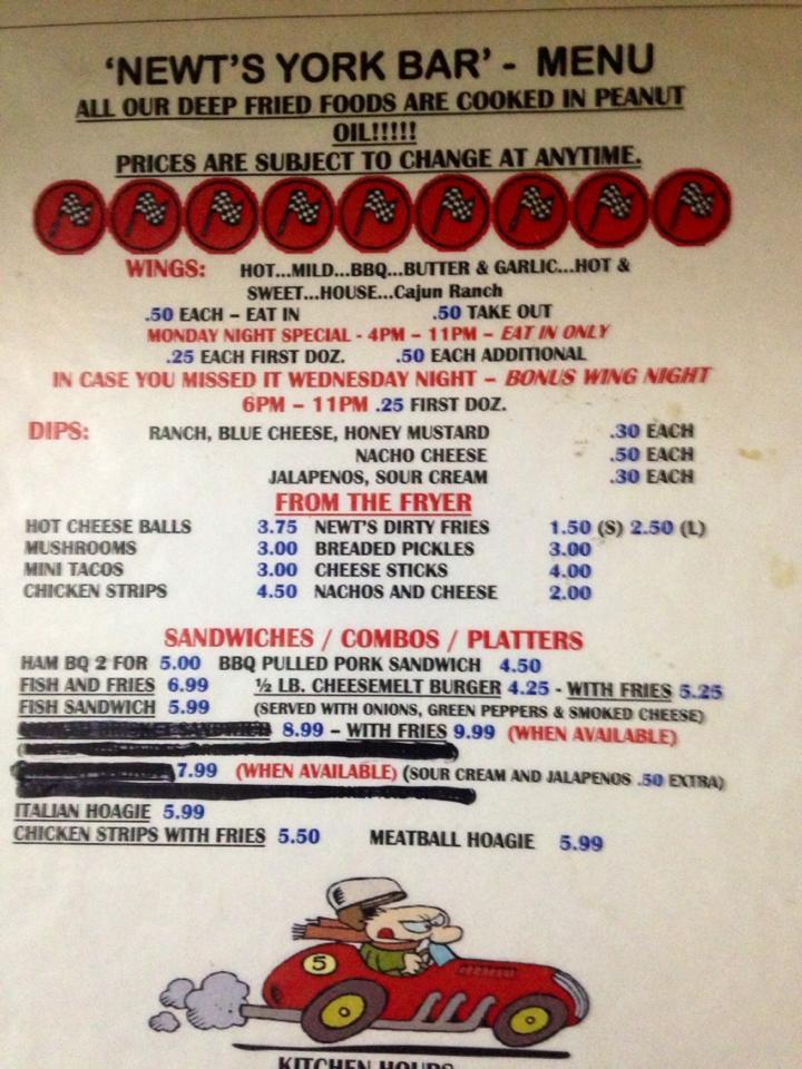 Menu at York Bar, Connellsville