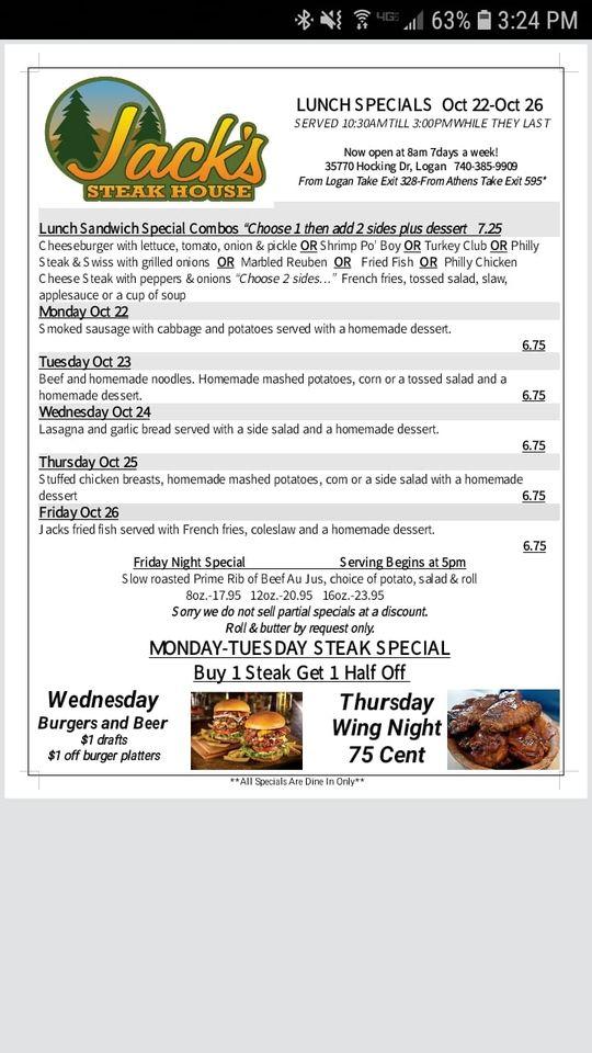 Menu at Jack's Steak House steakhouse, Logan